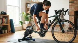 A novice cyclist adjusting their shoes to find the best cleats for knee pain cycling during a warmup.