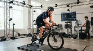Analyzing pedal stroke mechanics and cleats for knee pain cycling on a motion capture rig.