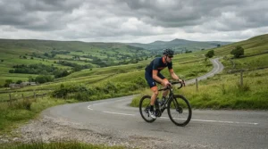Maintaining smooth pedal revolution with cleats for knee pain cycling on a steep British countryside incline.