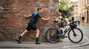A rider stretching tight legs after testing cleats for knee pain cycling on a training route.