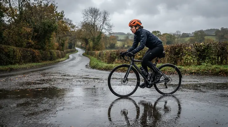 Pedaling through damp conditions with properly fitted cleats for knee pain cycling protection.