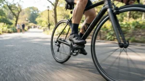 Cyclist pedalling hard on a road bike while wearing lightweight budget BOA road shoes