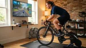 Economical road cycling shoes being used indoors on a turbo trainer during winter training.