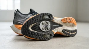 Bottom view showing the cleat attachment on entry-level road bike shoes suitable for beginners