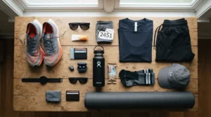Flat lay arrangement of inexpensive mens cycling trainers, helmet, and sunglasses on a wooden floor