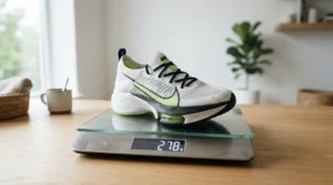 Pair of budget BOA road shoes placed on digital scales to demonstrate lightweight design