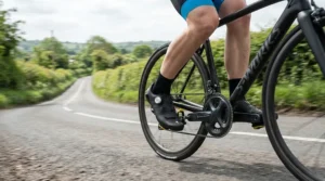 Lightweight carbon sole cycling shoes clipped into clipless pedals on a racing bicycle