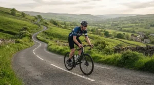 A rider wearing lightweight women's road cycling shoes while climbing a steep countryside hill
