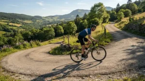 Rider climbing a steep incline with Look Keo cleats for racing locked firmly into lightweight pedals