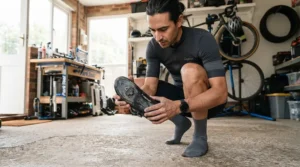 Cyclist inspecting Look Keo cleats for racing before a weekend club training ride in the countryside