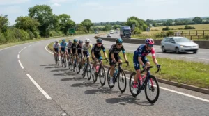 Group riding in a tight pack benefiting from the stability of Look Keo cleats for racing