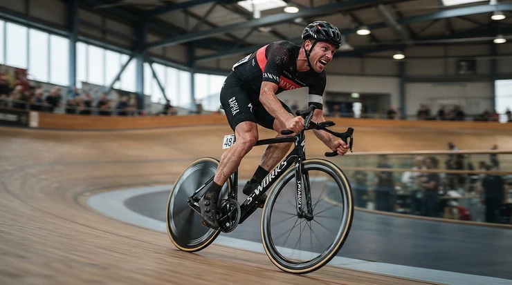 Intense sprint finish showcasing the power transfer of Look Keo cleats for racing on a velodrome