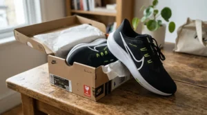 A pair of men's budget road cycling shoes resting in an open cardboard box on a wooden floor.
