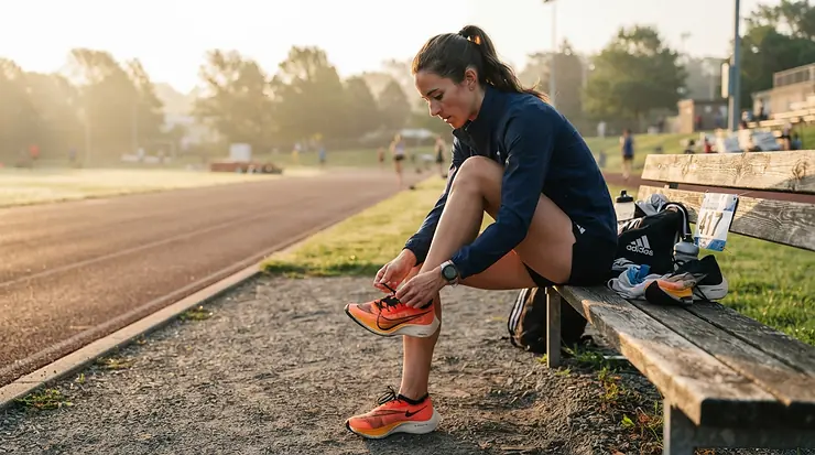 A competitive rider lacing up high-performance women's road cycling shoes on race morning