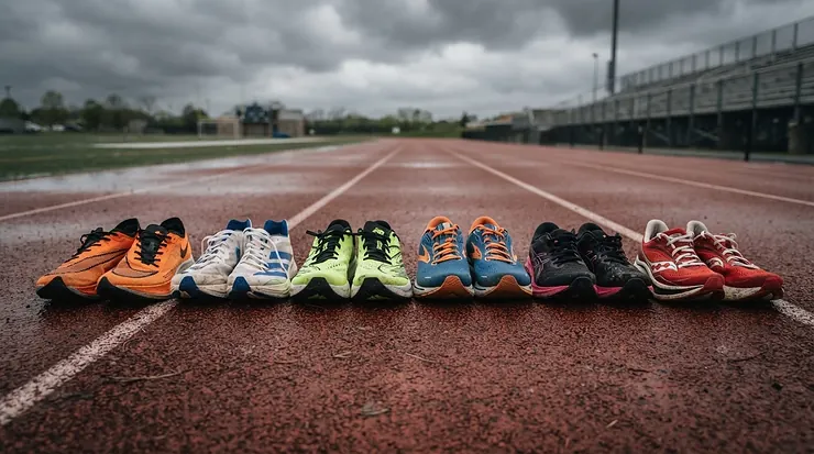 Race-ready carbon sole road cycling shoes lined up in a transition area before a time trial