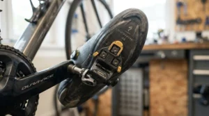 Close-up view of road bike cleats securely clipped into clipless pedals on a modern carbon fibre bicycle