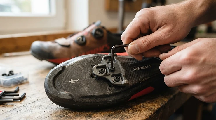 A cyclist carefully installing road bike cleats onto the sole of a cycling shoe in a brightly lit workshop