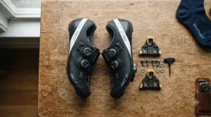Detailed look at the three-bolt fixing pattern used to mount road bike cleats securely to the shoe base
