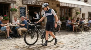 Cyclist walking carefully in road bike cleats across a stone courtyard outside a countryside cafe