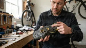 Checking worn road bike cleats for replacement during regular maintenance before a weekend club ride