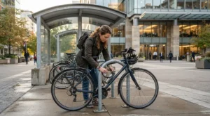 Locking a commuter bike securely in a workplace bike rack using SPD cleats for commuting