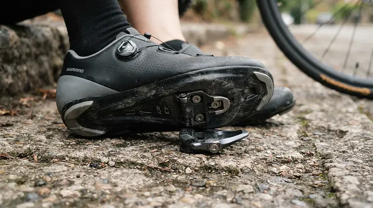Switching between casual shoes and SPD cleats for commuting outside a local shop