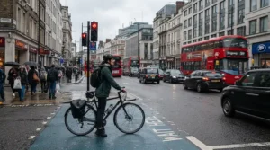 A cyclist navigating London traffic using SPD cleats for commuting on a hybrid bike