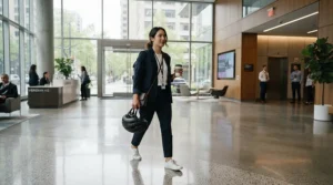 A commuter walking comfortably into an office reception wearing SPD cleats for commuting
