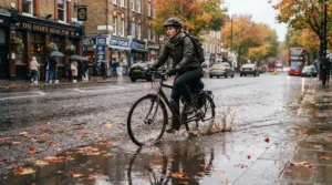 A cyclist riding through wet urban streets wearing waterproof gear and SPD cleats for commuting