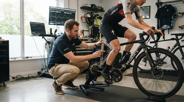 A professional bike fit adjustment focusing on SPD-SL cleats for knee comfort