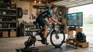 Riding an indoor turbo trainer with SPD-SL cleats for knee comfort during winter