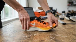 Demonstration of the extreme stiffness of a carbon sole road cycling shoe under heavy downward pressure.
