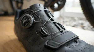 Detailed view of the dial and strap retention system on stiff carbon sole road shoes for racing