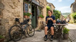 A cyclist wearing stylish women's road cycling shoes during a traditional Sunday cafe stop