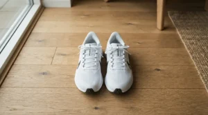 Women's carbon sole road cycling shoes displayed neatly on a wooden floor alongside matching socks.