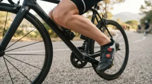 Close-up of women's road cycling shoes designed for narrow feet during a weekend club ride