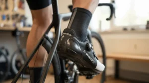Detail view of women's road cycling shoes featuring a secure narrow heel fit on a carbon sole