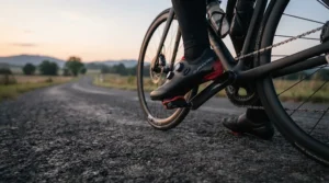 Close-up of women's road shoes for racing clipped into clipless pedals on a starting grid in the UK.