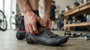Adjusting the BOA dials on women's road shoes for racing before a sportive event in Yorkshire.