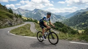 A British cyclist out of the saddle wearing women's road shoes for racing during a steep sportive climb.