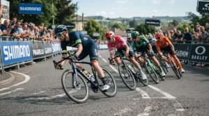 Cornering sharply in a local British criterium wearing high-performance women's road shoes for racing.