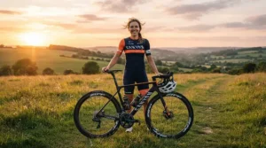 Celebrating a win with competitive gear, showcasing women's road shoes for racing at a UK finish line.