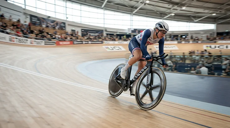 A track cyclist sprinting on the boards wearing lightweight women's road shoes for racing.