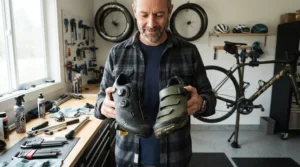 A cyclist comparing women's road shoes against unisex road shoes before a sportive event