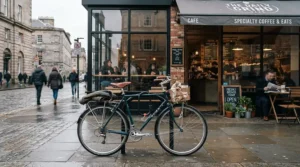 Commuter checking out budget-friendly road bike saddles outside a local coffee shop in a rainy city