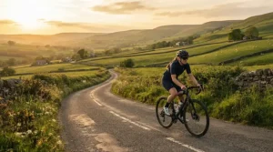 Cyclist testing comfortable road bike saddles on a scenic morning ride through the rolling British countryside