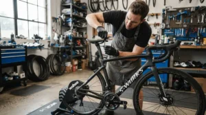 Professional mechanic adjusting the height and tilt of road bike saddles in a workshop