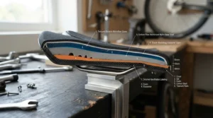 Cutaway view showing the foam layers inside modern road bike saddles for enhanced comfort