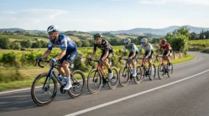 Group of cyclists riding closely together, highlighting the slim profile of road racing saddles