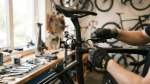 Mechanic installing lightweight road racing saddles to achieve maximum saddle weight savings